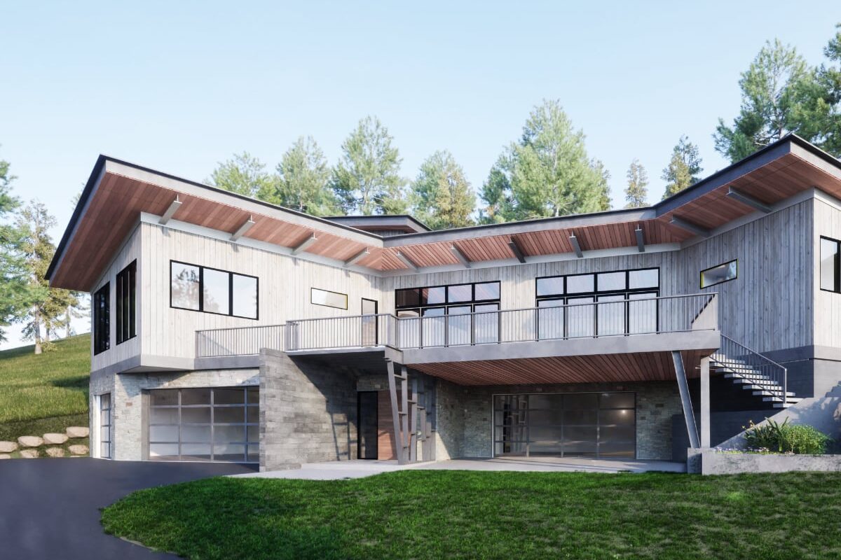 Rendering of large modern home with large eves and a very large first floor garage and balcony.