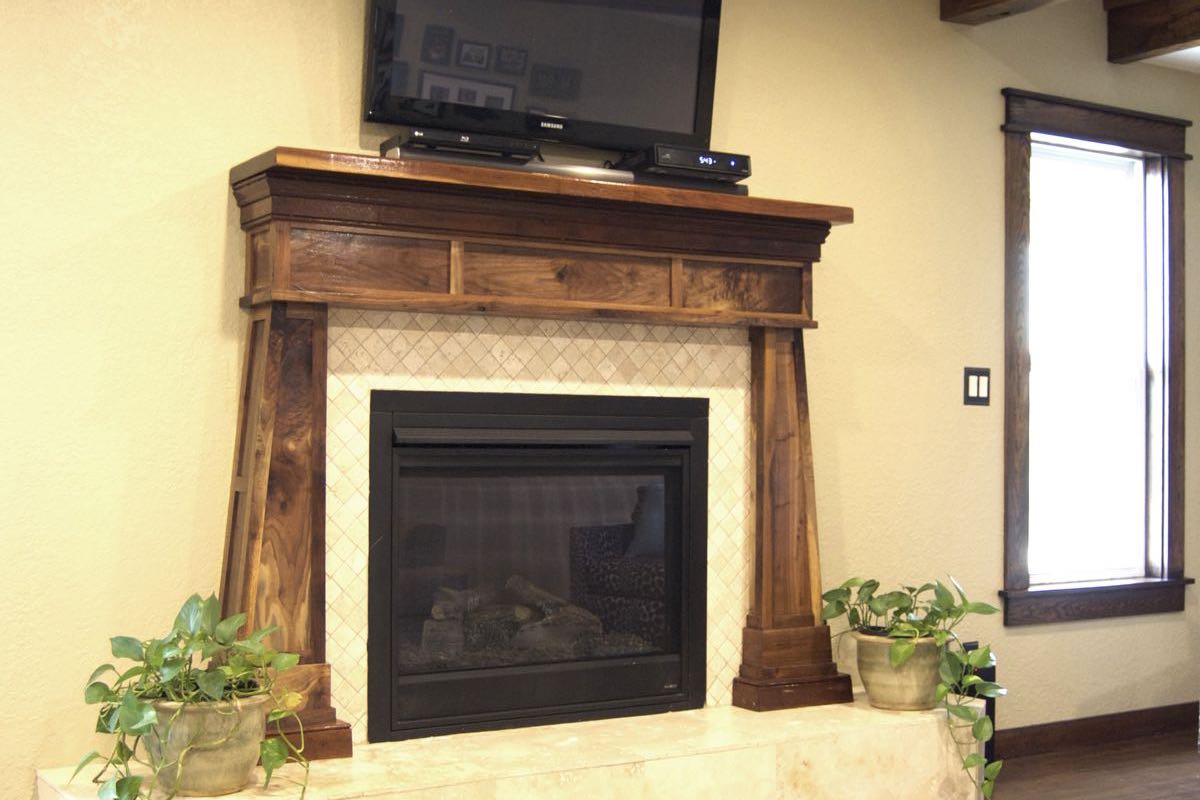 wood and tile fireplace