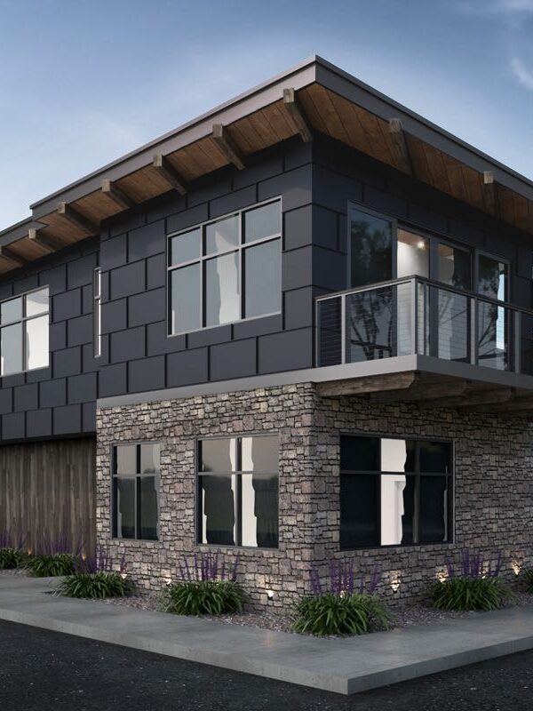 commercial office building design render; modern rectangular design with stone and wood accents