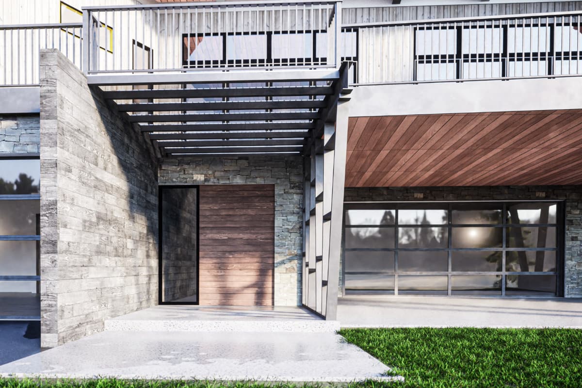 Rendering of large modern homes front exterior door with large balcony above.