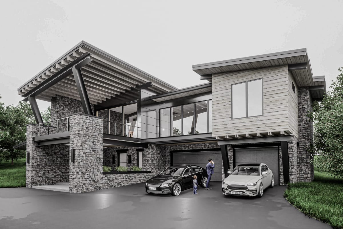Rendering of a modern front home exterior. Stone with wood, metal and glass. Two modern sports cars in front