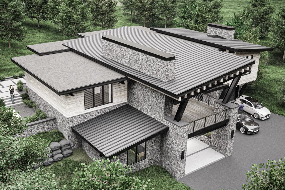 Rendering of a modern home exterior looking down onto roof and front. Stone with wood, metal and glass. Roof is a mix of flat and slightly sloped sections.