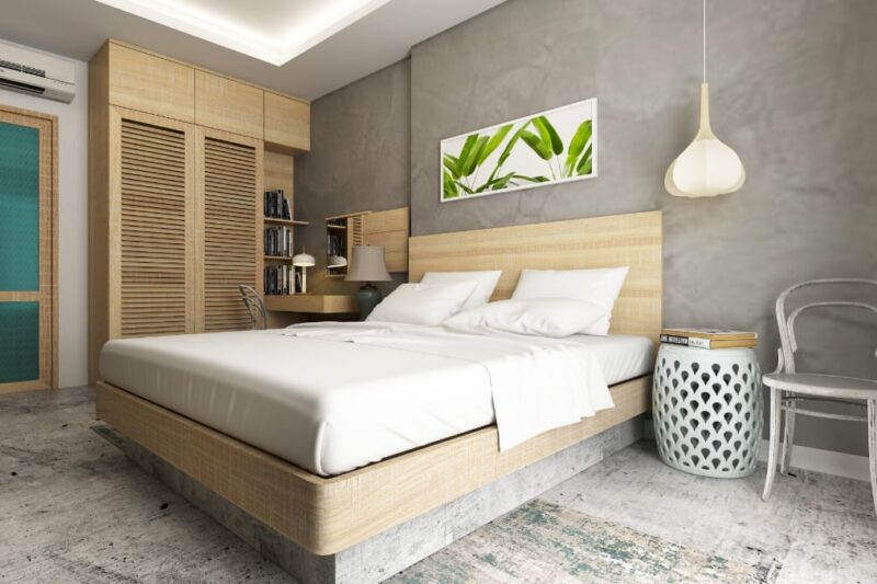 a modern bedroom with earth tones