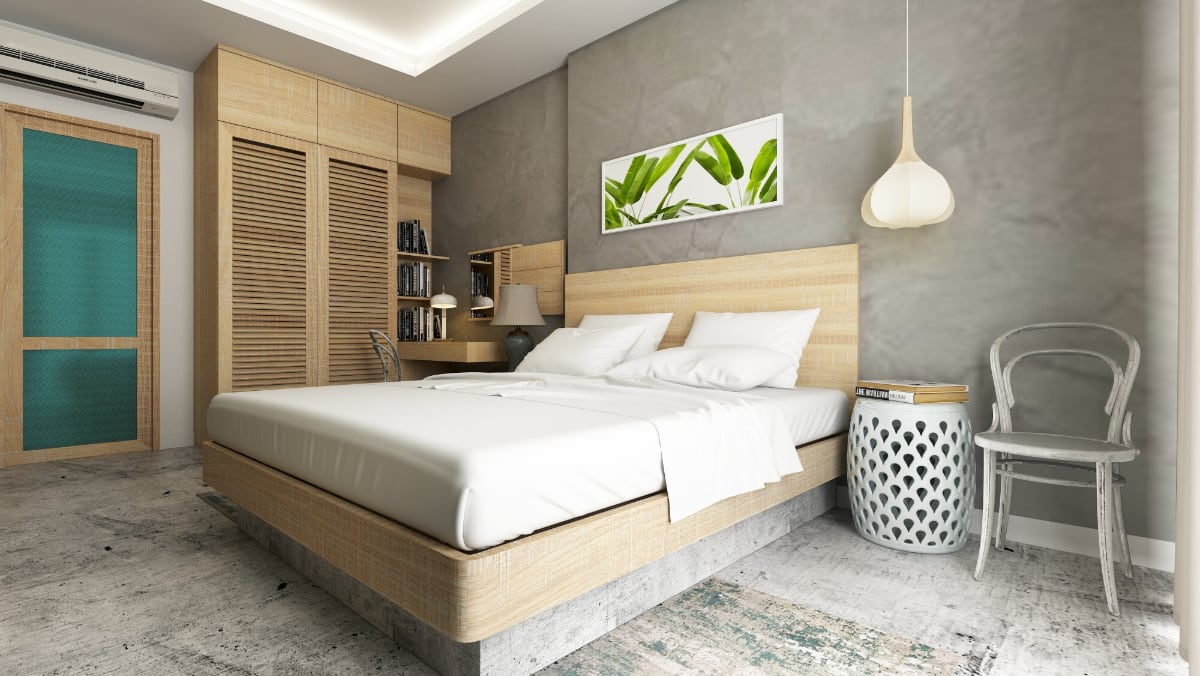 a modern bedroom with earth tones